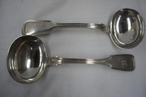 Pair of early Victorian silver fiddle and thread pattern sauce ladles. Chester 1838. 5.25 ozt.