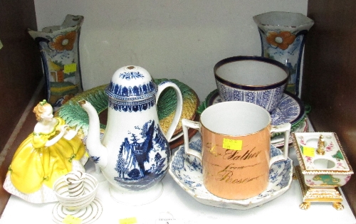 SECTION 3. An 18th Century Worcester blue and white ceramic coffee pot, (damaged) 25cm, a Delft