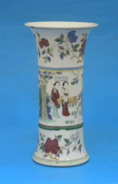 A Chinese Wucai porcelain vase, possibly Kangxi, cylindrical shaped with flared neck and base,