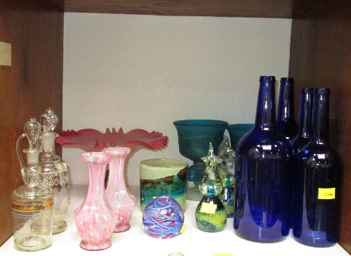 SECTION 5. A collection of coloured glass items, including a pair of Mdina sea horse paperweights, a