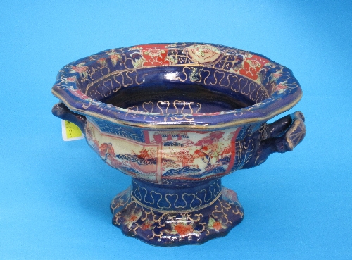 A two-handled pot, in chinoiserie decoration, marked ironstone china.