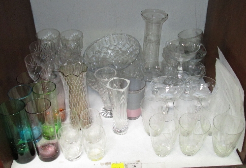 SECTION 16. A collection of mixed glass tableware, including a set of six coloured beakers, and