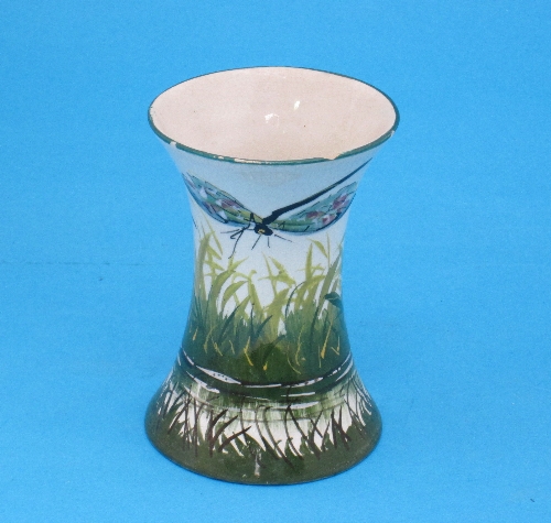 A Wemyss beaker vase, painted with dragon flies, signed base, 12cm, (af).