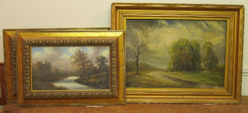 R. Hulls, pair of oils on board, landscapes with rivers, signed, 22 x 39cm, and another oil on