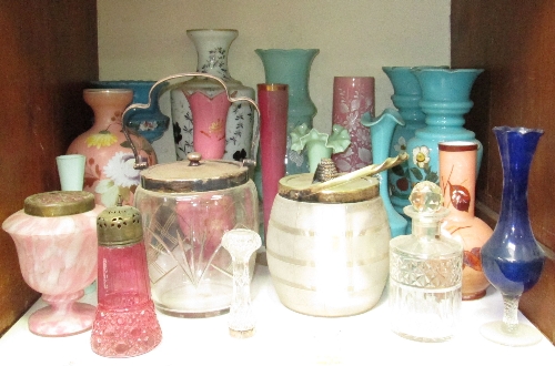 SECTION 17. A collection of Victorian and later coloured glass vases, and two glass biscuit barrels.