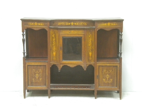 An Edwardian inlaid rosewood sideboard, with central glazed cupboard, and turned supports, 136cm.