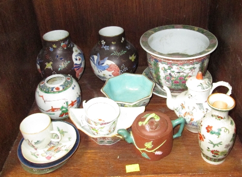 A collection of Chinese tableware, including famille rose porcelain plant pot and saucer, pair of