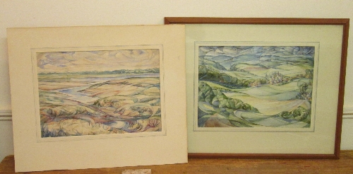 Henry Young, two watercolours, cubist style landscape with village, 28 x 38cm, and another in