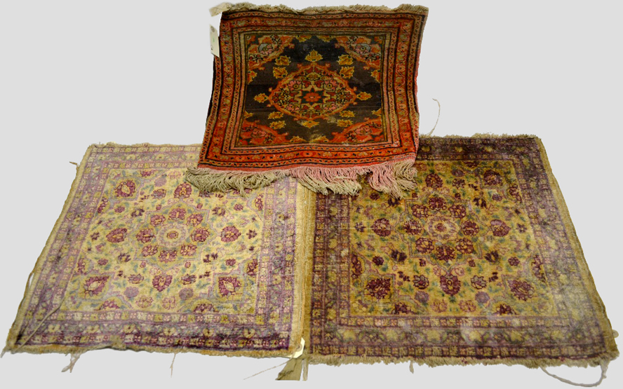 Pair of Kerman silk mats, south west Persia, about 1920-30, approx. 18in. 46cm. square Areas of wear