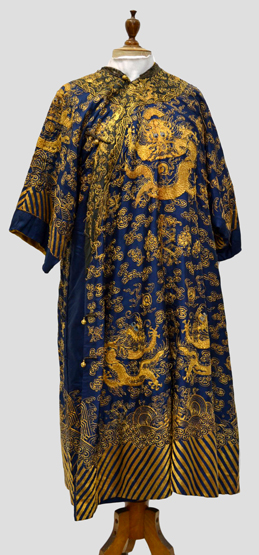 Attractive Chinese man`s informal outer coat, the mid blue silk embroidered in couched gold metal