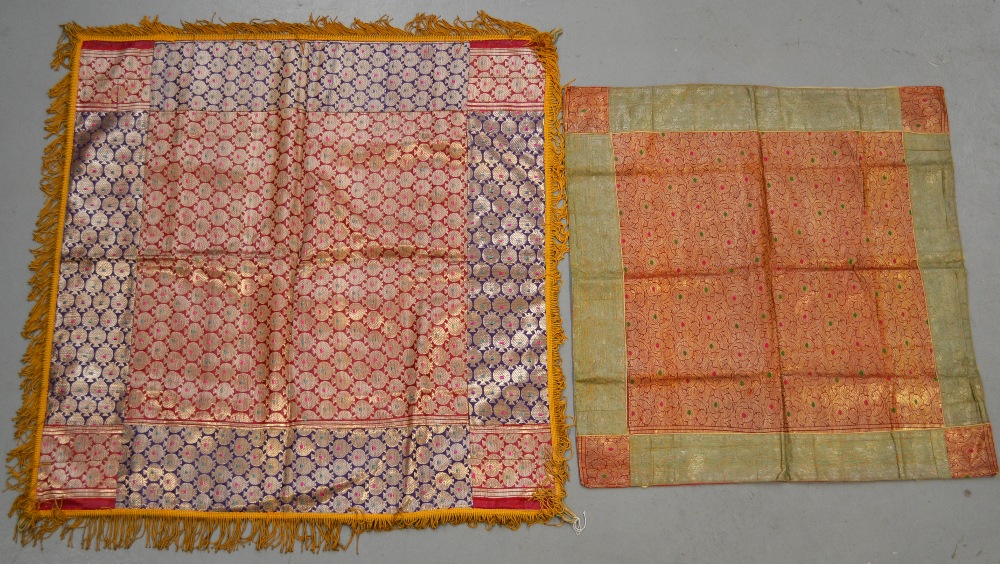 Two Indian silk rumal, Benares, north India 20th century, 30in. x 31in. 76cm. x 79cm. and 25in.