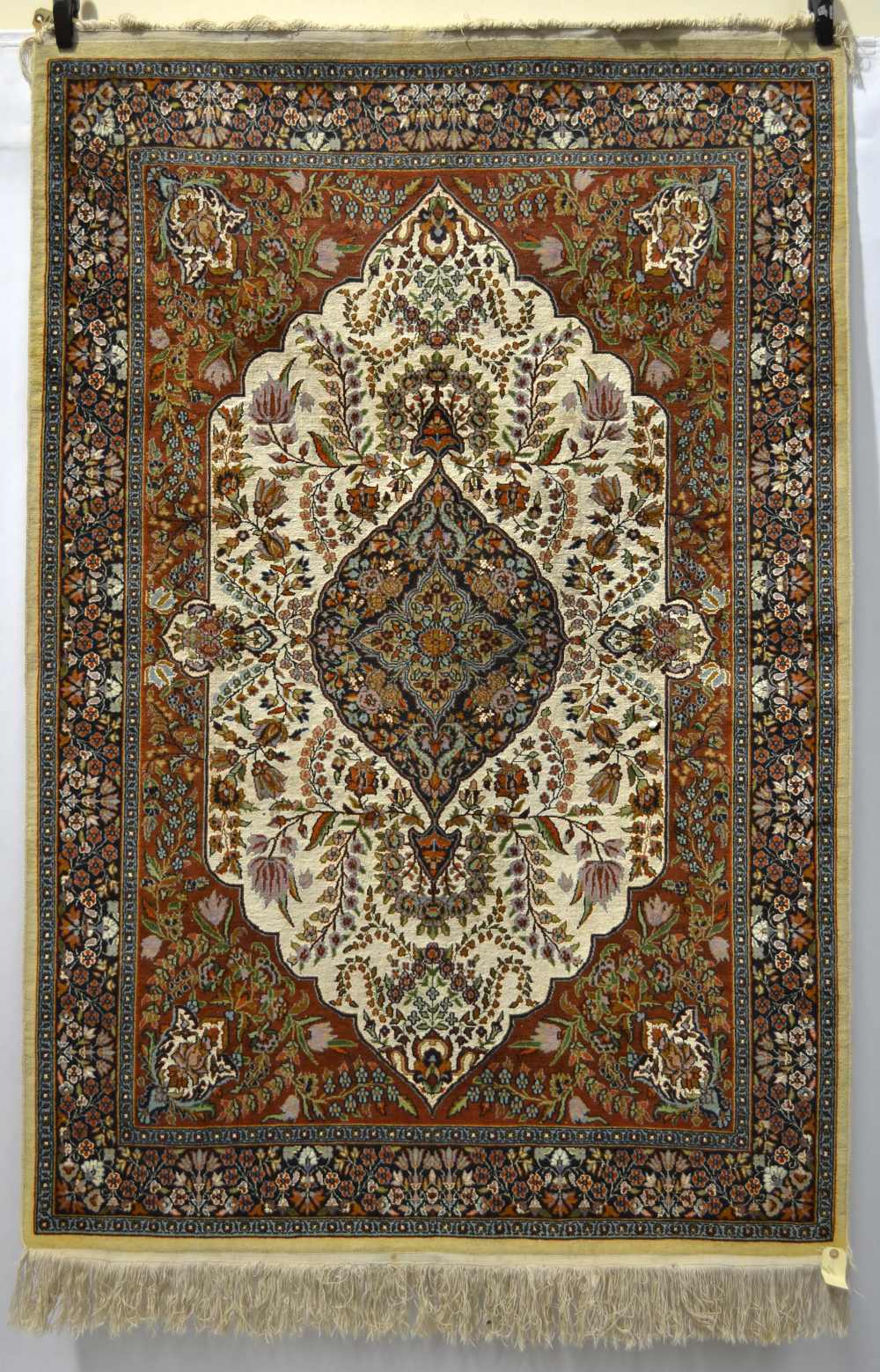 Kashmiri part silk rug, north India, 20th century, 6ft. 3in. x 4ft. 2in. 1.91m. x 1.27m. Note the