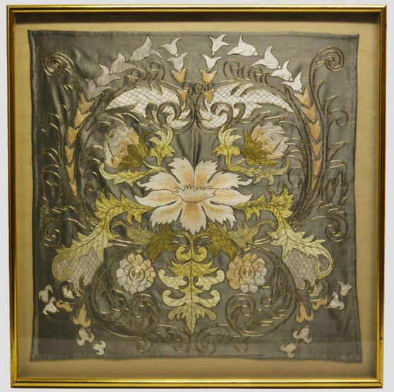 Attractive floral embroidery, the grey/green silk(?) ground richly embroidered in pastel coloured