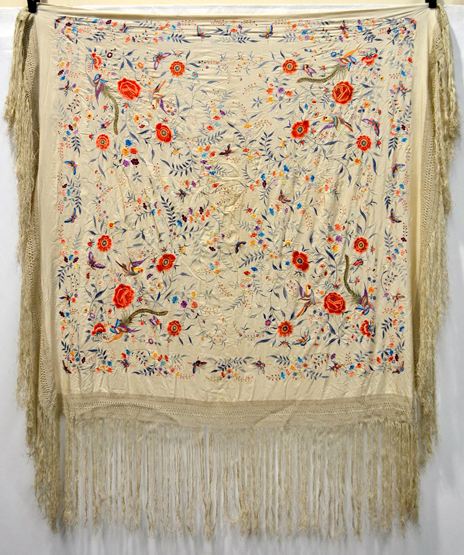 Attractive Chinese double sided white ground embroidered silk shoulder shawl, the ground covered