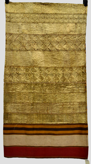 Woman`s skirt(?), in heavy gold brocade, at the top a section without brocade in striped cotton,