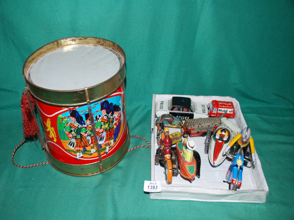 A quantity of Tin Plate and Clockwork Toys and a Chad Valley tin plate Drum