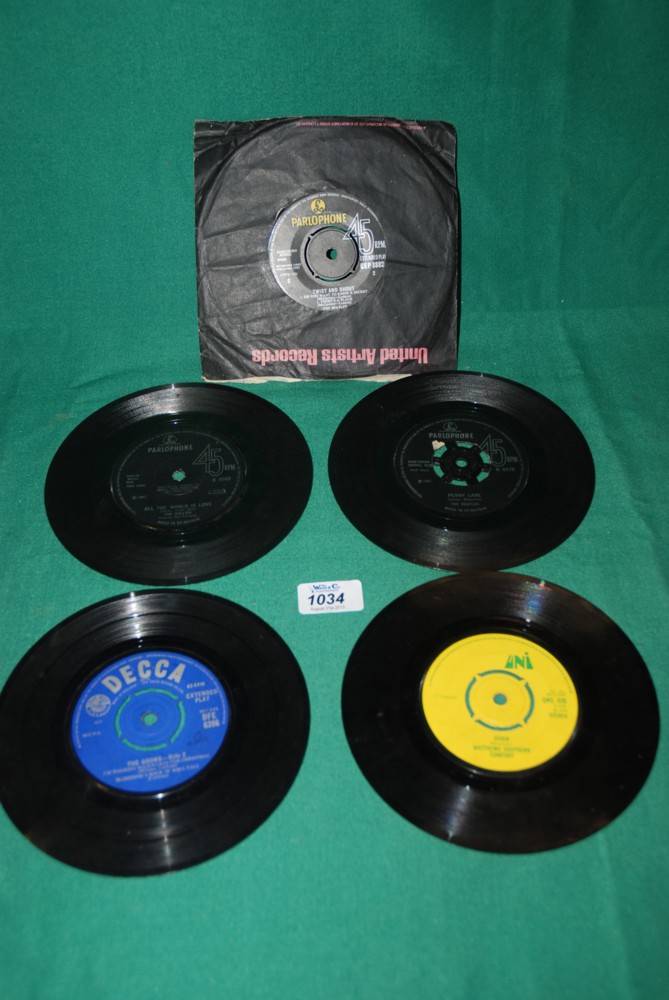 Five 45 rpm records including 1960's single 'Twist and Shout' by The Beatles,a first press dated