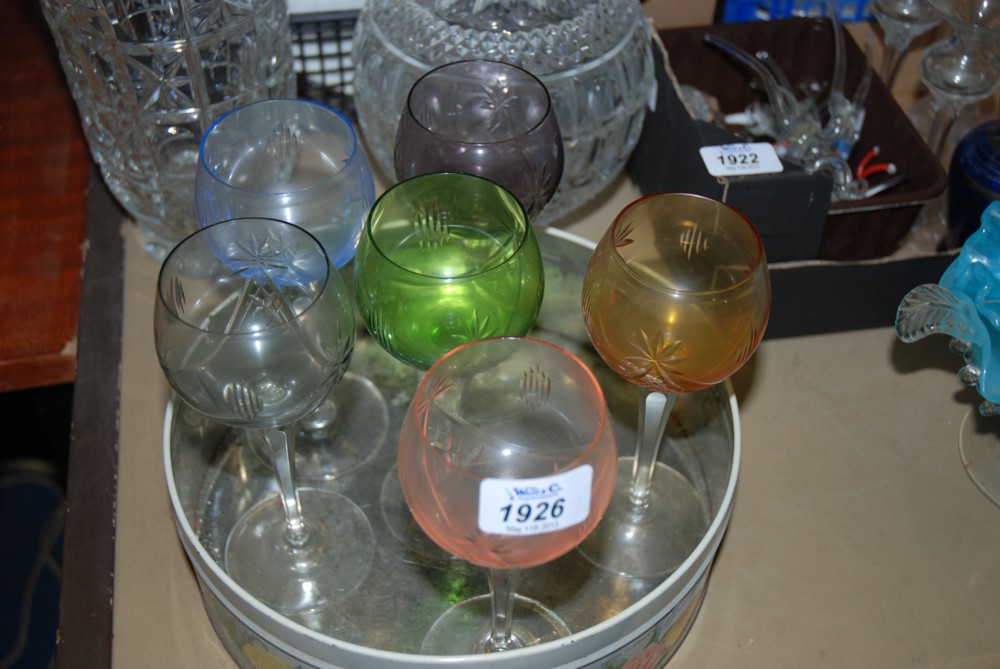 Six Hock Glasses with coloured bowls.