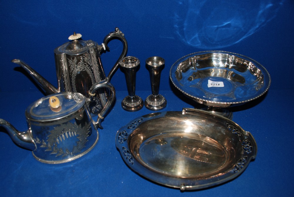A tray of plated items i. Coffee Pot, Teapot, bud Vases, Cake Plate, etc.