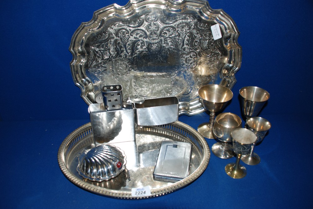 A quantity of plated items incl. trays, goblets, large Lighter, Cigarette Case, etc.