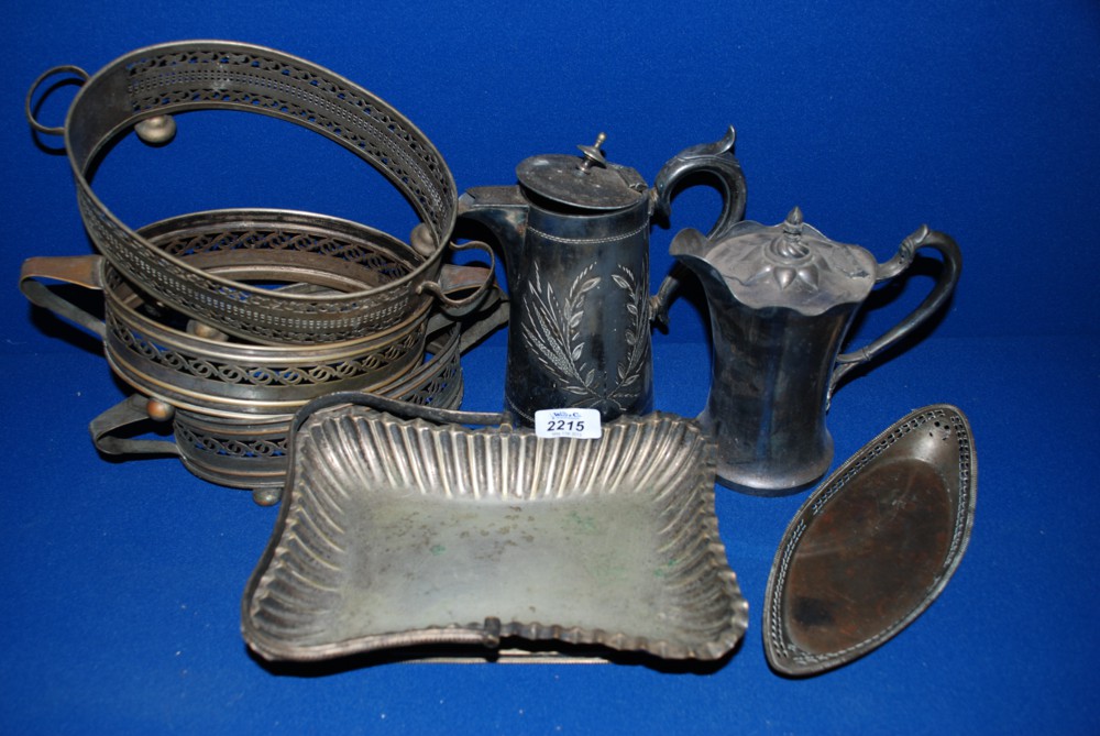 A box of plated items incl. cake basket, Coffee Pot and a quantity of Dish Stands.
