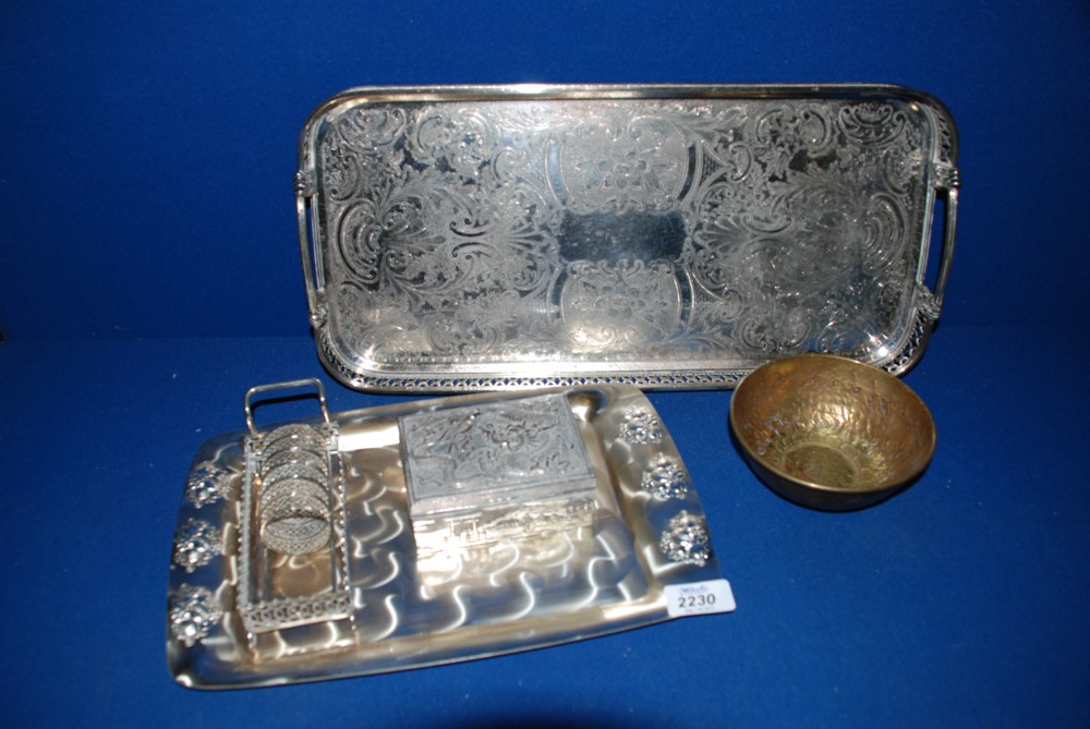 A quantity of metal items incl. rectangle galleried Tray, napkin rings, Trinket box, etc.