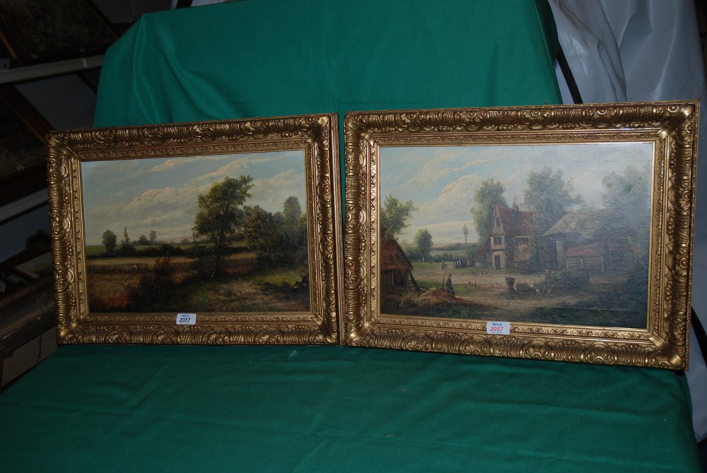 A pair of 19th c. English rural landscapes, one of farmyard scene, the other of figures walking