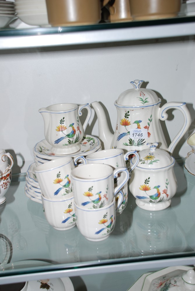 A Glen Coffee set, French made with bird of paradise decoration, comprising coffee pot, six cups and