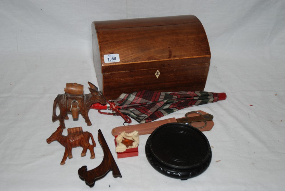 A small domed lidded box, a child's umbrella, leather cased desk set of scissors and letter