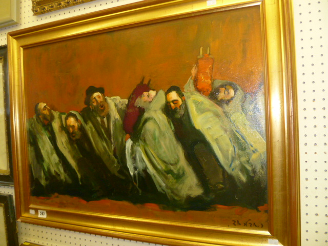 AN OIL PAINTING SIMCHAT TORAH SIGNED 1950S