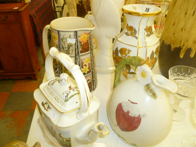 FOUR ITEMS OF POTTERY INCLUDING A SIGNED SHORTER WARE JUG