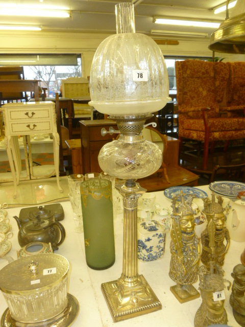 A SILVER PLATED CORINTHIUM OIL LAMP, SHEFFIELD CIRCA 1880