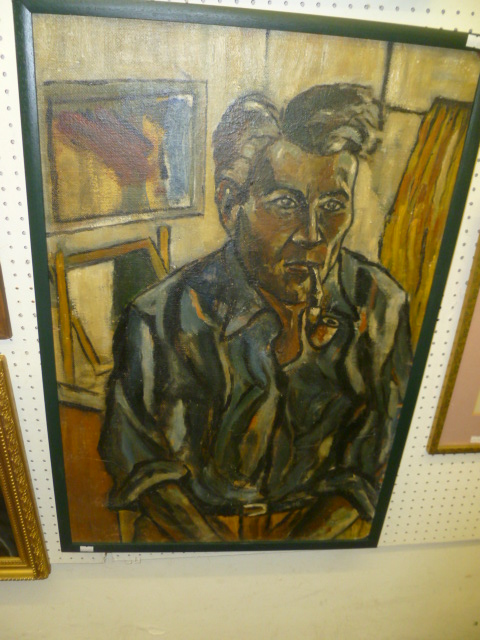 A FRAME OIL ON BOARD PORTRAIT OF A MAN SMOKING A PIPE, ARTIST JULIAN DYSON