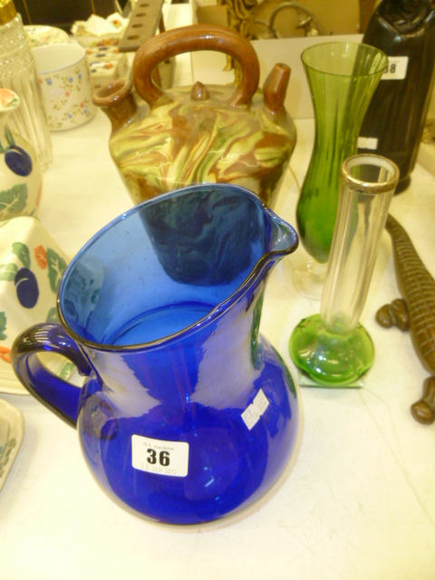 A BRISTOL BLUE GLASS JUG PLUS TWO OTHER ITEMS