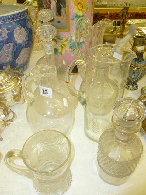 AN ASSORTMENT OF GLASSWARE INCLUDING DECANTERS