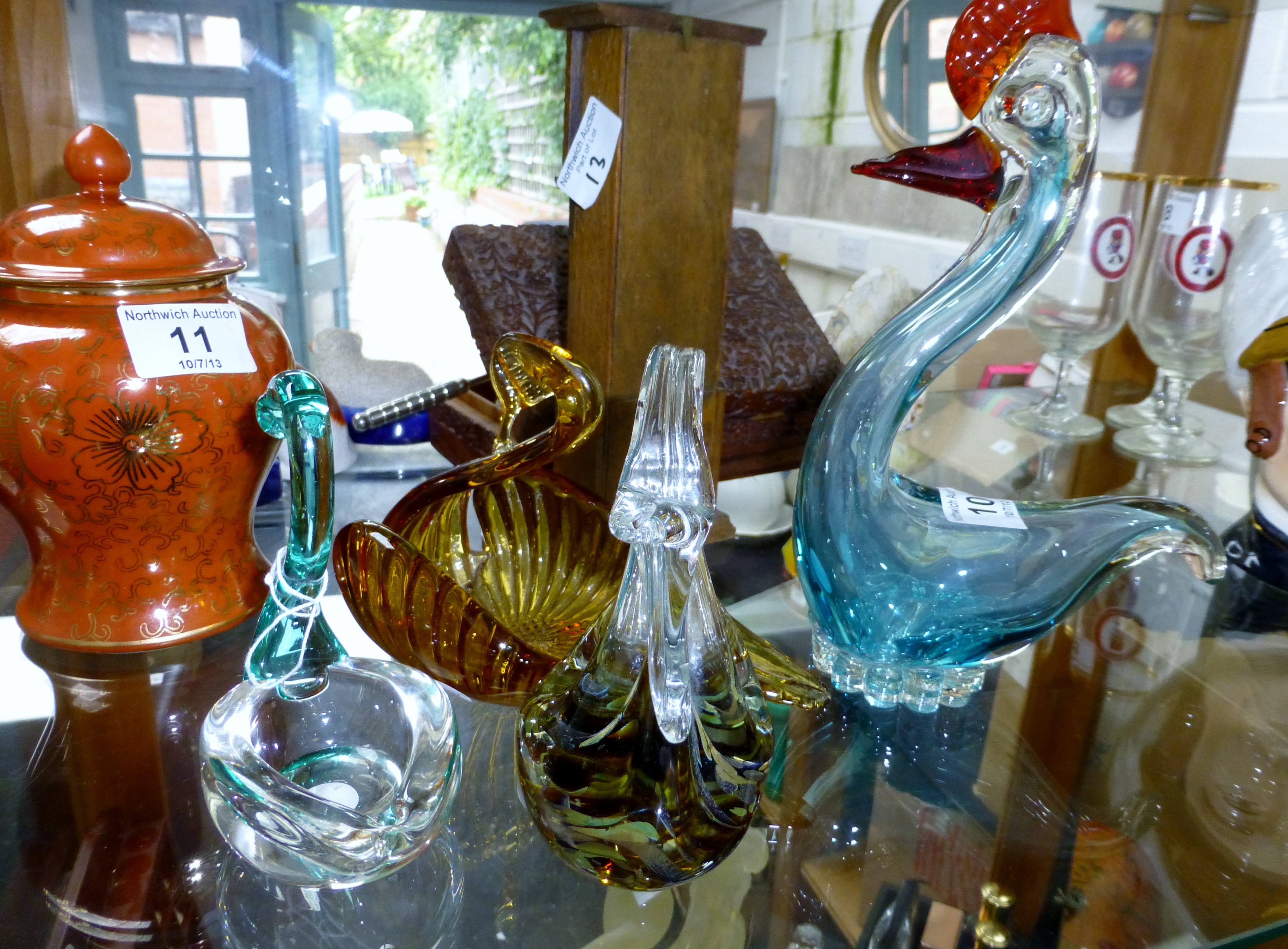 Glass swan and other glassware