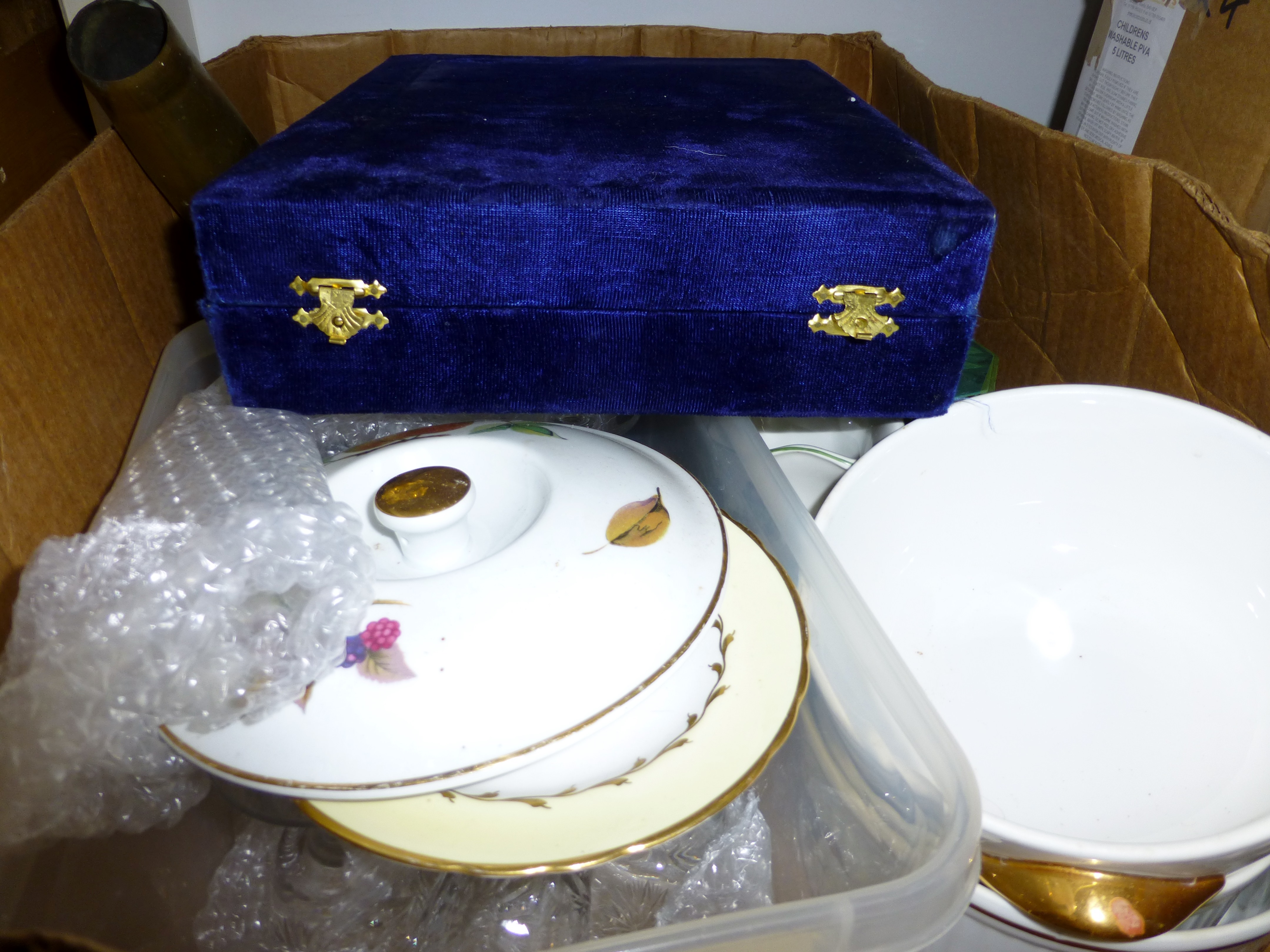 Two boxes of mixed items including silver plate etc