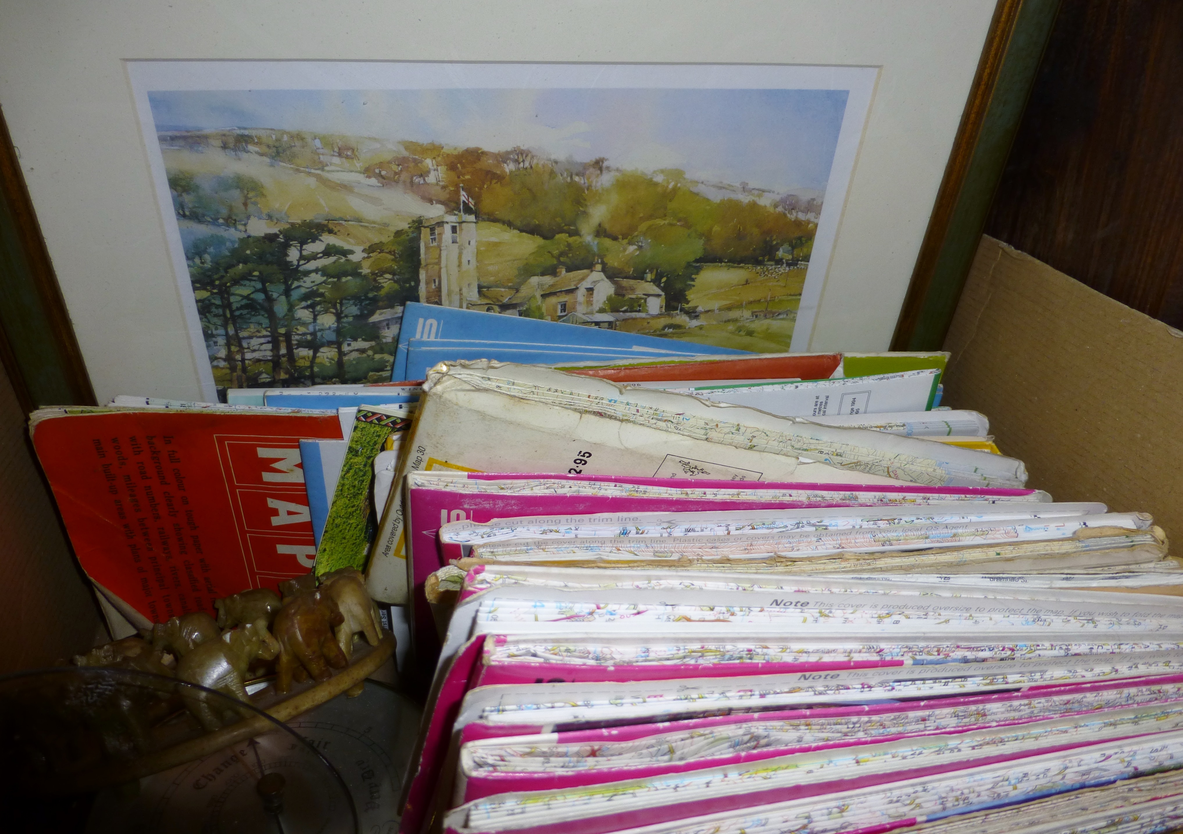 Box of vintage Ordnance Survey maps and a picture