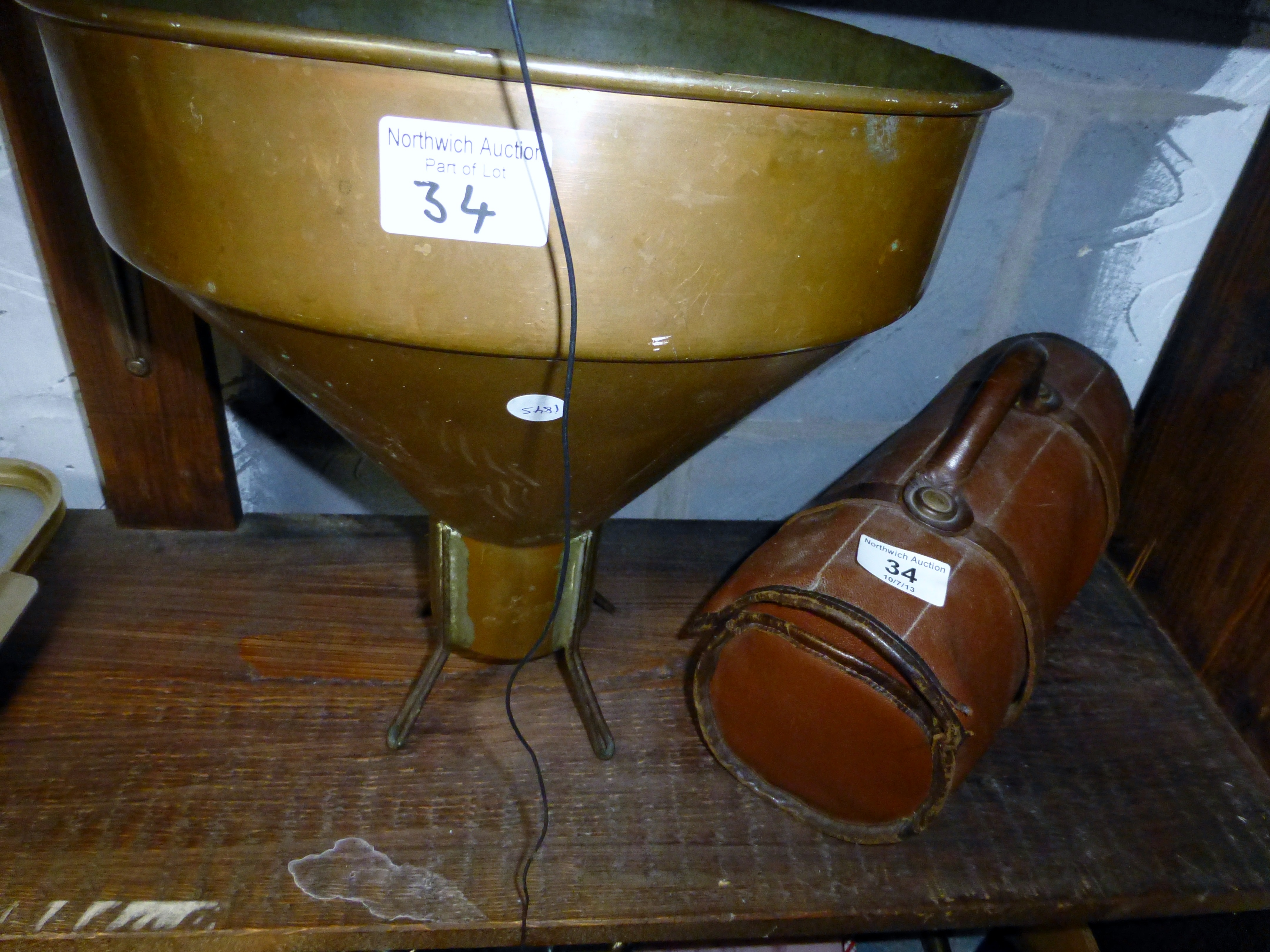 Copper brewery funnel and cased set of bowls