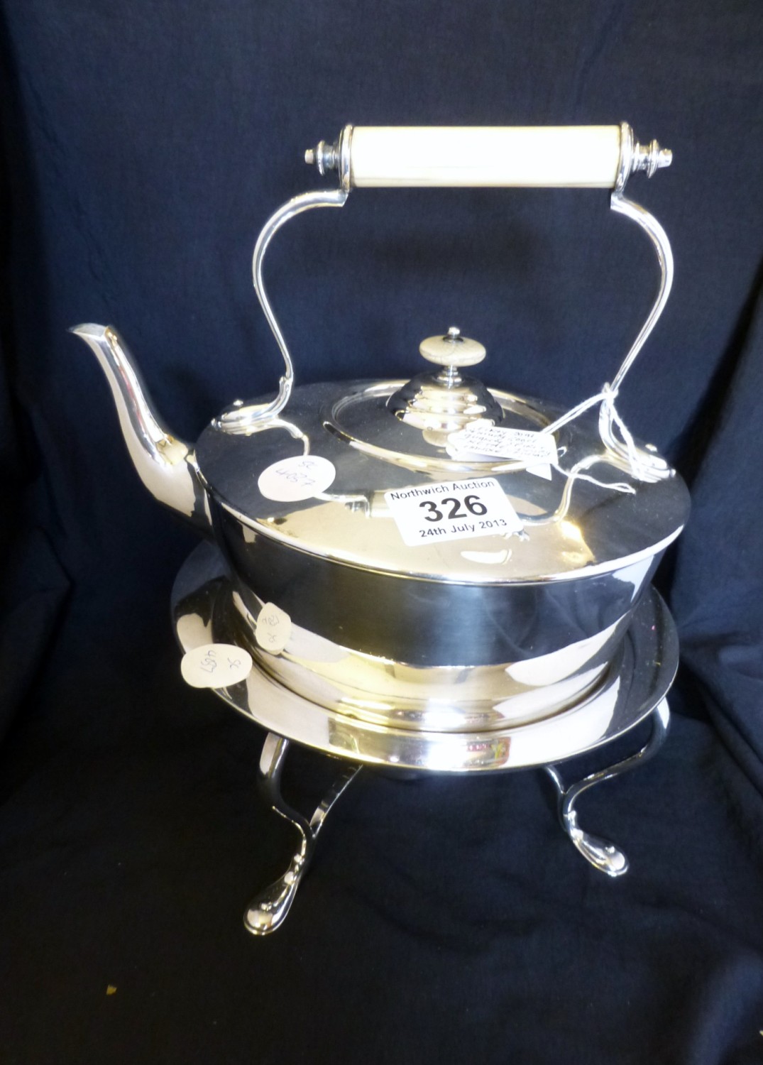 Early 20th century silver plated spirit kettle with ivory handle and stand