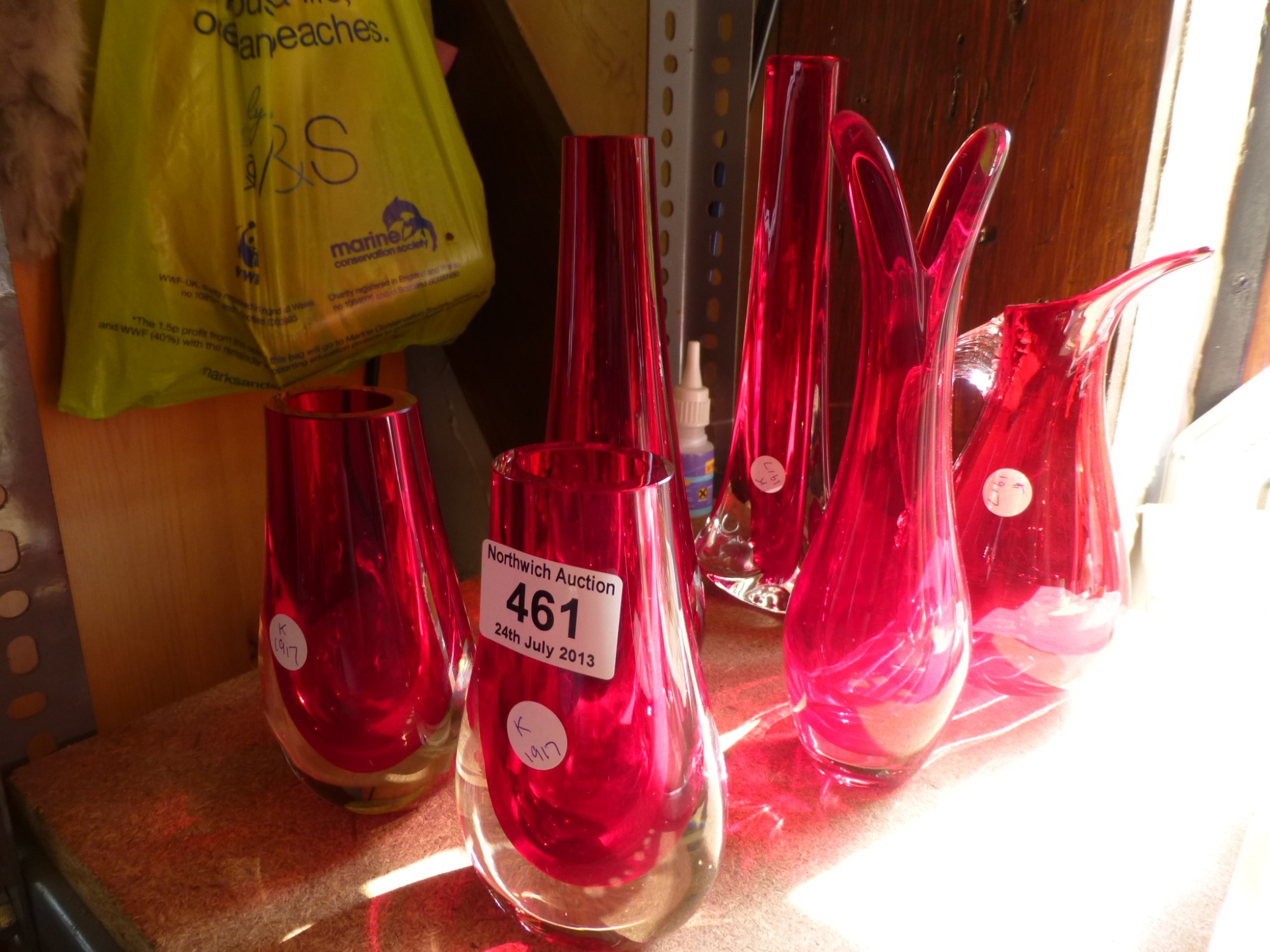 Six items of Whitefriars ruby glass