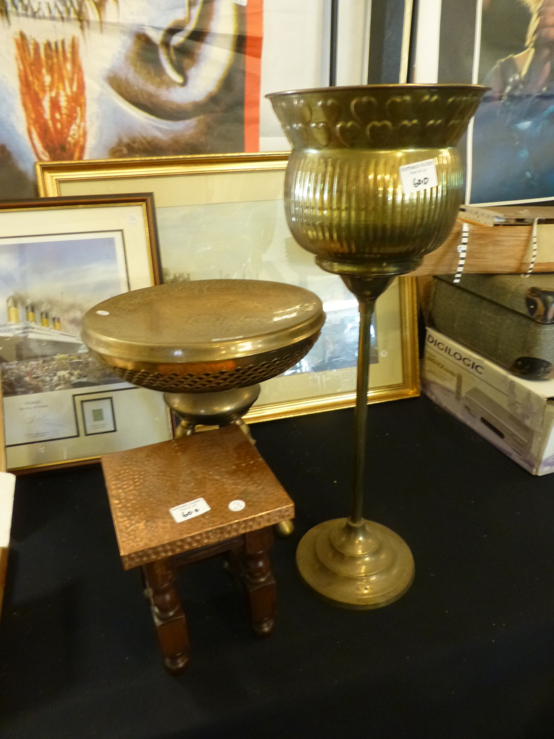 Copper topped stool, brass planter and copper oil burner