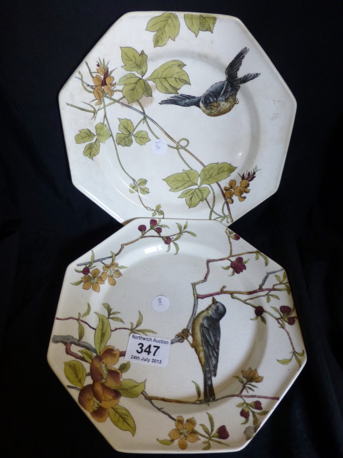 Pair of Minton octagonal plates decorated with birds and foliage