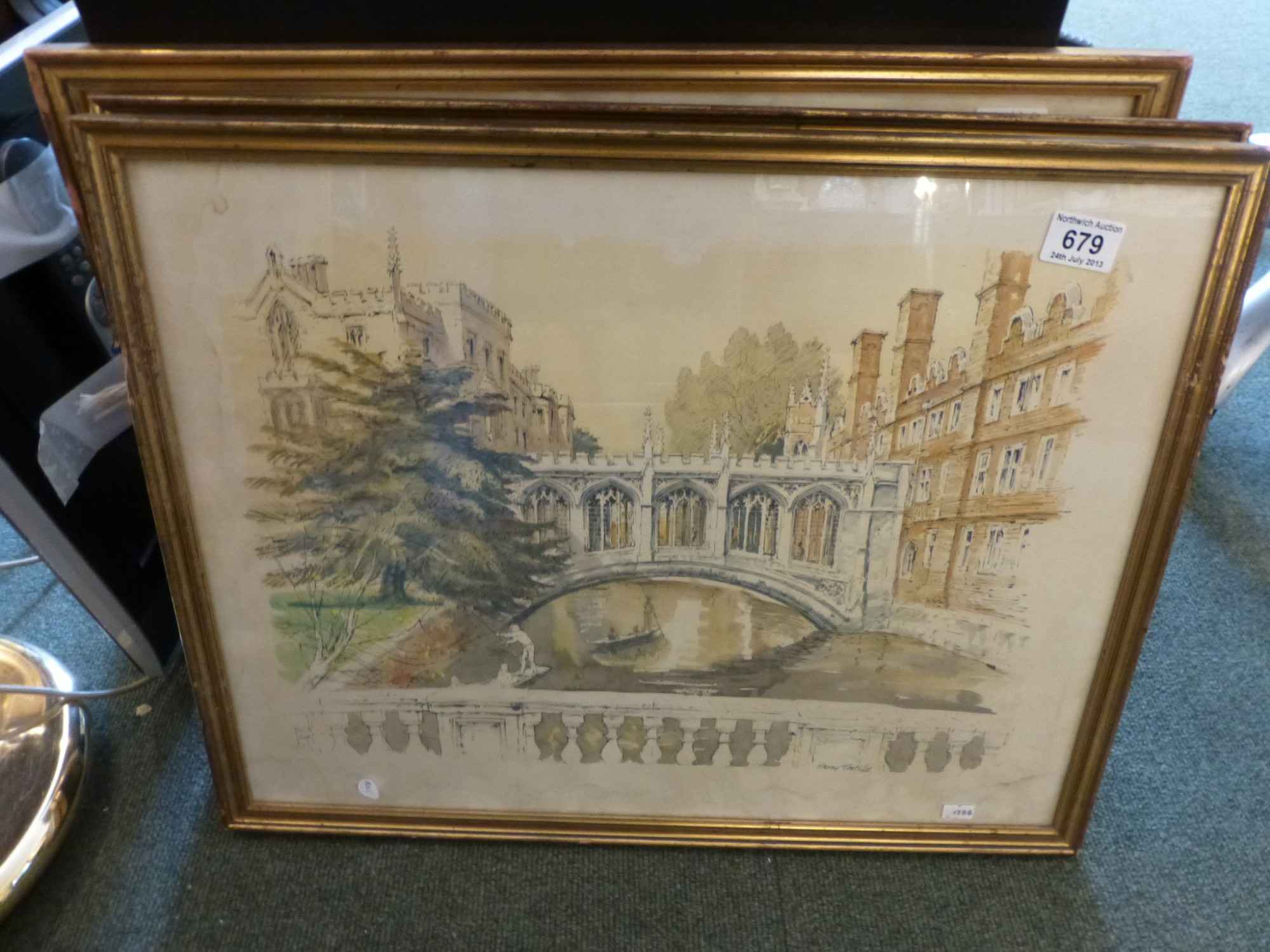 Three scenic watercolours of Cambridge signed H Toothill 59 x 46cm