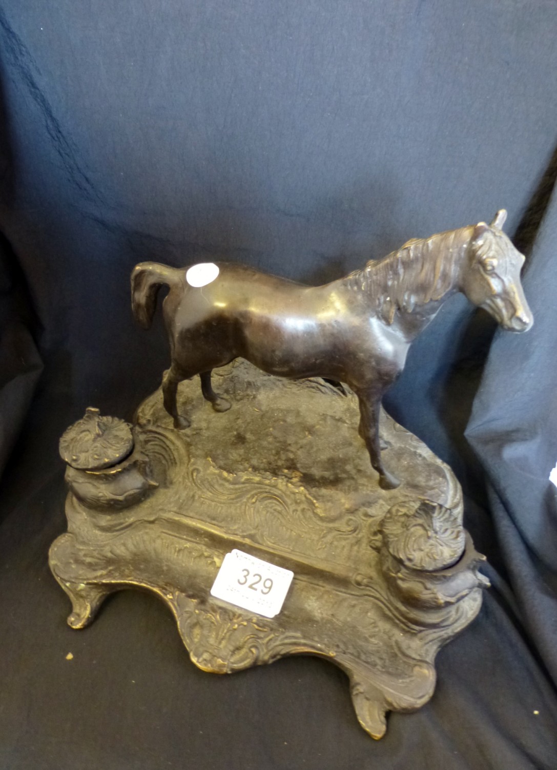 Cast bronze inkwell and horse