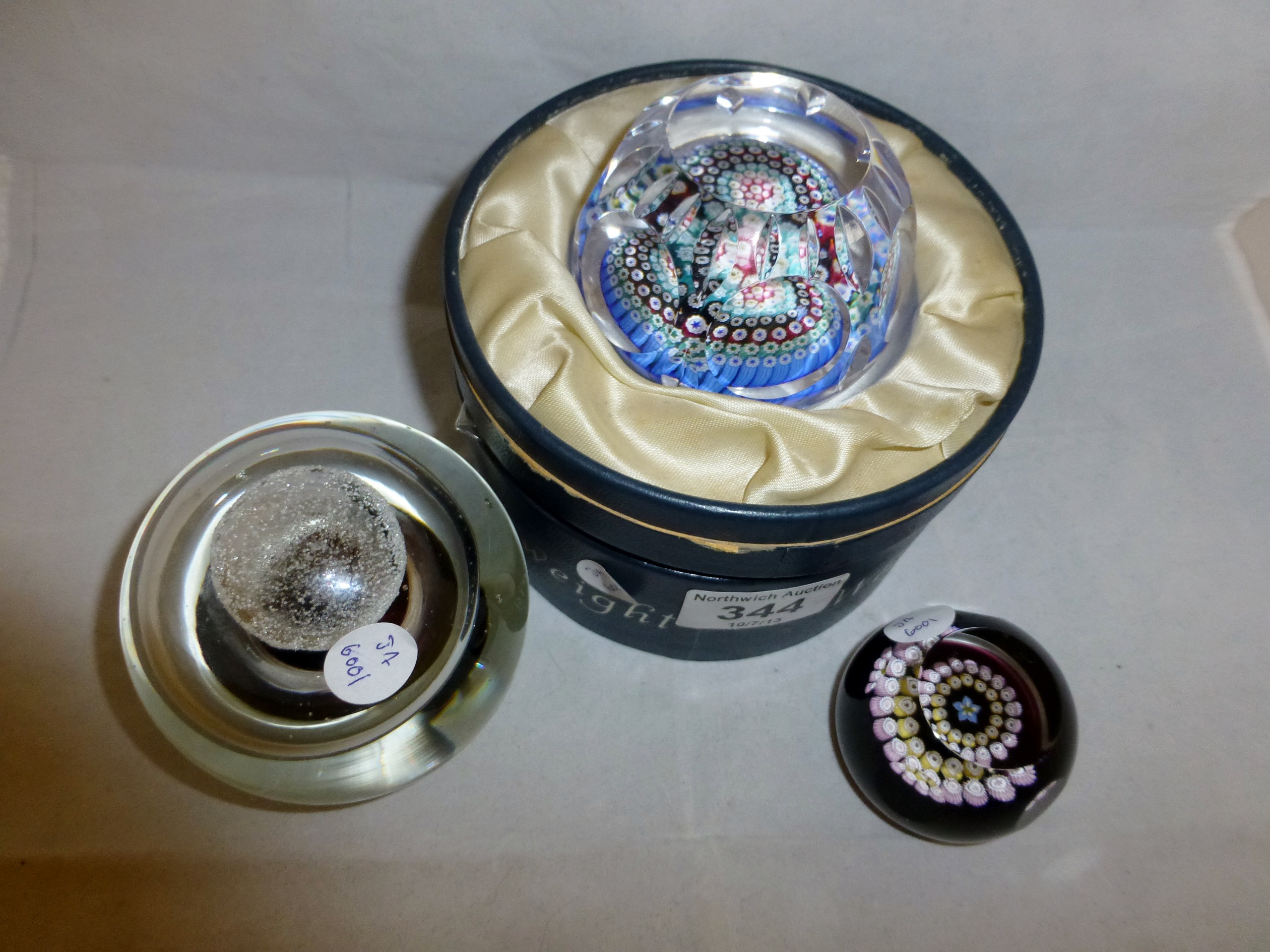 Boxed Whitefriars Millefoire paperweight with date cone and two other paperweights
