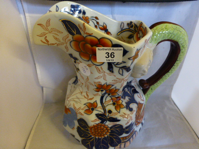 Large Ringtons jug with serpent handle in the Imari pattern 29cm tall