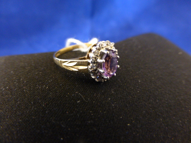 9ct gold amethyst and diamond ring, size K AS20