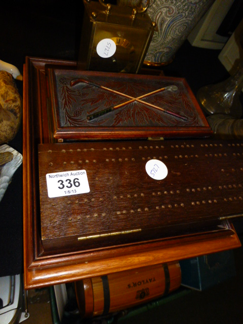 Carriage clock, cribbage board, pictures etc