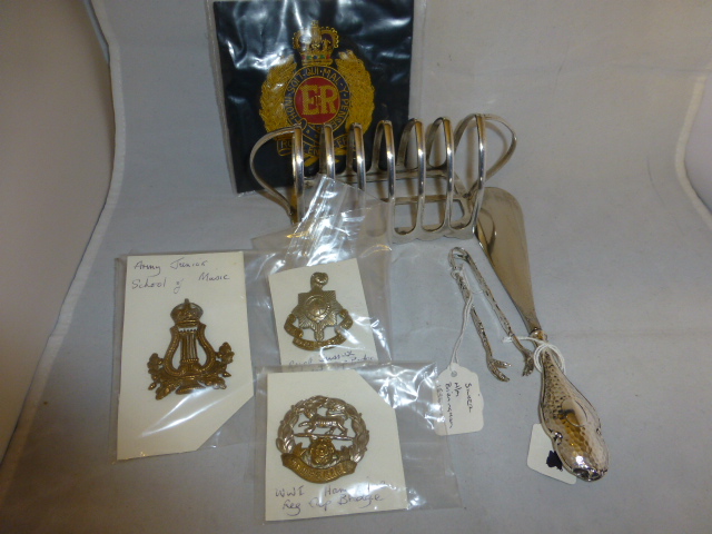 Bag of mixed items including hallmarked silver items, plated toast rack and cap badges